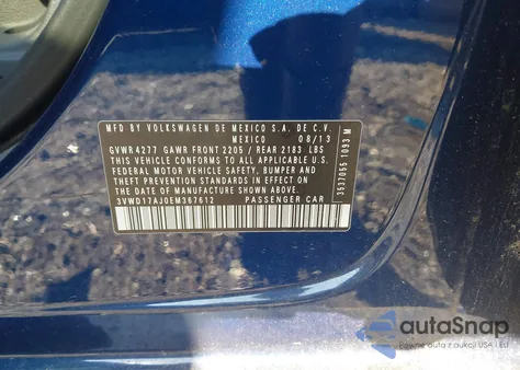 2007 Volkswagen Jetta Wolfsburg z USA, uszkodzony, nr VIN 3VWEF71KO7M158887